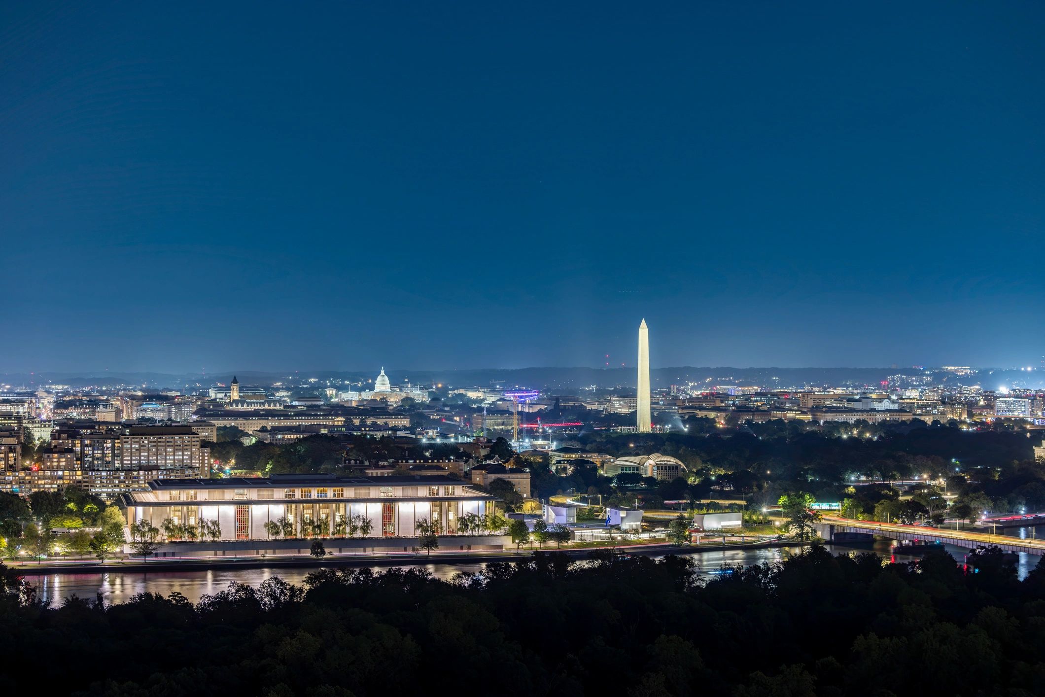 Washington, DC skyline and Potomac River at night