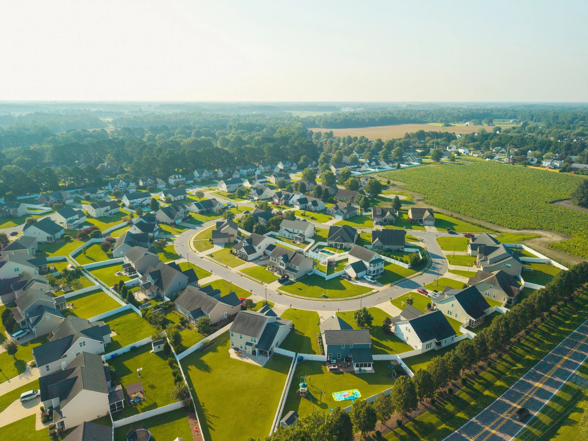 Aerial view of suburban neighborhood homes